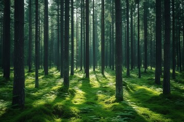 Obraz premium b'Sunlight shining through the trees in a dense green forest'