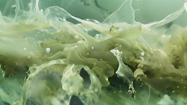 A microscopic view of the damaging effects of an algal bloom with dead fish and other aquatic life tangled and suffocated within the . AI generation.