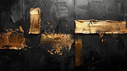 Modern abstract art showcasing bold gold accents on a black canvas, with a tactile, layered texture inviting contemplation.