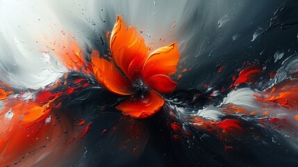 Digital art of a vivid orange flower blooming with dynamic splashes on a dark, moody background, resembling a rainy windowpane.