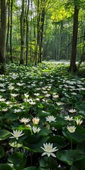 Blooming Water Lilies in Forest Pond
