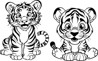 tiger icon happy cute cartoon black and white