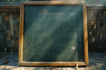 b'Old wooden framed blackboard with chalk scribbles'