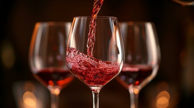 b'Red wine being poured into a glass with two glasses in the background'
