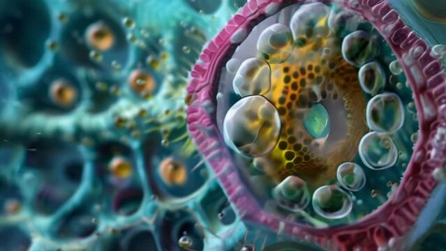 A magnified view of a plant cell showing the cell membrane cytoplasm and nucleus as well as tiny organelles called ries. . AI generation.