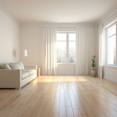 b'Bright empty room with white sofa and plant near window'