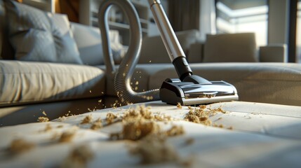 Fototapeta premium Realistic and practical portrayal of a vacuum cleaning crumbs from a sofa bed, emphasizing a fresh and inviting home space