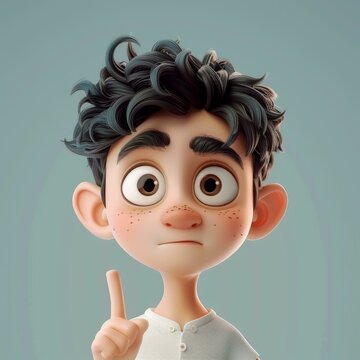 3D illustration of a boy with curly black hair and brown eyes