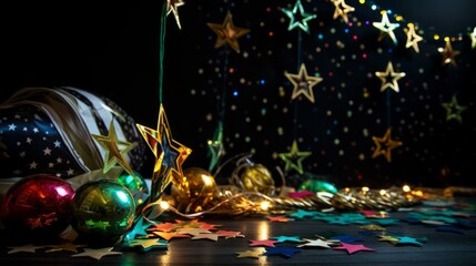 b'Christmas and New Year decoration with stars and balls on a black background' - obrazy, fototapety, plakaty