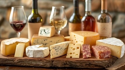 b'An assortment of cheese and wine'