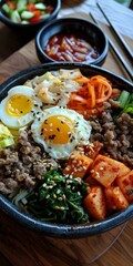 Korean Food, Bibimbap with egg, cucumber salad and kimchi