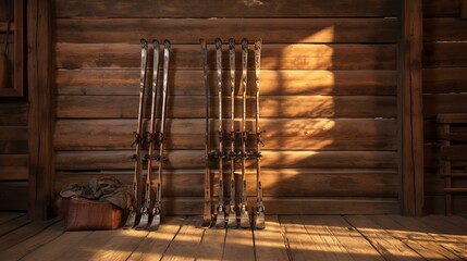 b'skis and ski poles leaning against a wooden wall in a cabin' - obrazy, fototapety, plakaty