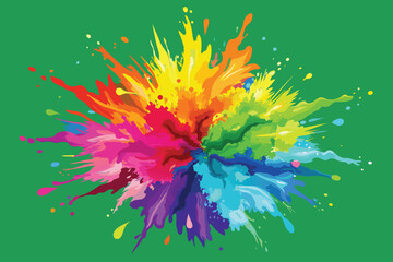 colorful rainbow holi paint color powder explosion vector, isolated wide Indian green panorama background