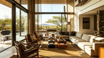 Serene living room in shades of brown, integrating elements of desert life, open window views, and a mix of modern and traditional furniture - obrazy, fototapety, plakaty