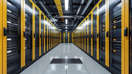 Rows of server racks, cooling systems, and redundant power supplies constitute a state of the art data center. - obrazy, fototapety, plakaty