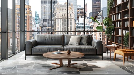 Sleek modern living room with gray leather sofa, geometric wood coffee table, steel-frame bookshelves, and large windows showing cityscape - obrazy, fototapety, plakaty