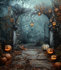 b'Spooky Halloween night background with creepy trees and jack o lanterns'