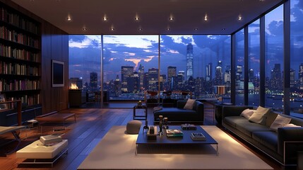 Sleek urban living room with state-of-the-art furniture, modern design elements and a dynamic city backdrop - obrazy, fototapety, plakaty