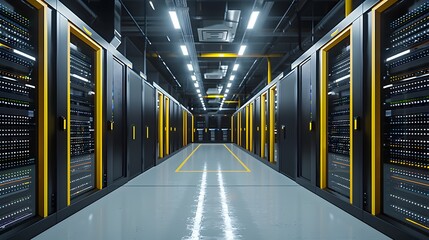 Rows of server racks, cooling systems, and redundant power supplies constitute a state of the art data center. - obrazy, fototapety, plakaty