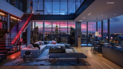 Sleek urban living room with state-of-the-art furniture, modern design elements and a dynamic city backdrop - obrazy, fototapety, plakaty