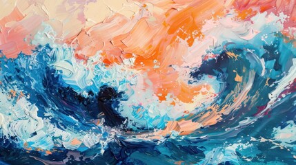 Energetic painting of abstract waves crashing on the shore, using bold colors and dynamic shapes to showcase the intensity of the waves.
