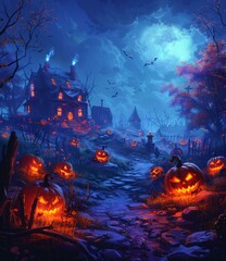 b"Spooky Haunted House Surrounded by Creepy Jack-o'-Lanterns in a Dark Forest"