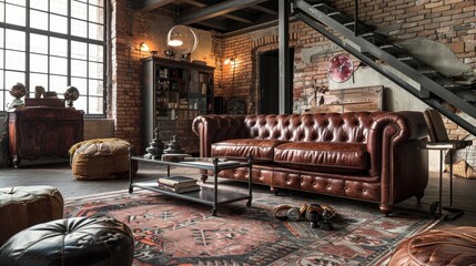 Sophisticated industrial loft setting, displaying a chic leather sofa with metal embellishments, surrounded by brick walls and modern urban interior design - obrazy, fototapety, plakaty