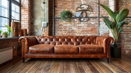 Sophisticated industrial loft setting, displaying a chic leather sofa with metal embellishments, surrounded by brick walls and modern urban interior design - obrazy, fototapety, plakaty