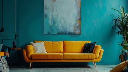 Stylish and inviting living room scene with a bold yellow couch in front of an empty teal wall, adorned with contemporary art and sleek furnishings