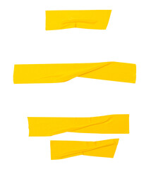 Top view set of  wrinkled yellow adhesive vinyl tape or cloth tape in stripes shape isolated on white background with clipping path