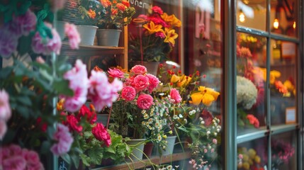 Fototapeta na wymiar variety of colorful fresh flowers on a flower shop window