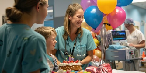A pediatric oncology nurse organizing a small birthday celebration for a child receiving treatment in the hospital, with balloons 