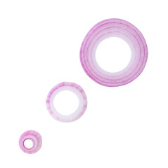 Top view set of red or purple onion slices or onion rings scattered isolated with clipping path in...