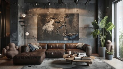 Stylish urban living space with a focus on modern masculinity: espresso leather couch, abstract metal sculptures, and muted color palette