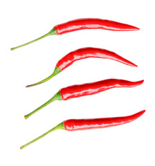 Top view set of red chili peppers or cayenne pepper isolated on white background with clipping path