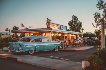 A retro-style diner with a classic car parked in front, surrounded by a vintage-inspired parking...