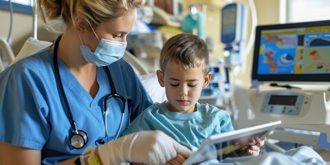 A nurse comforting a child before their surgery, using a tablet to show them a cartoon that...