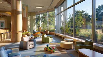 A cozy pediatric waiting room filled with soft furniture and a play area for children. Large windows offer a view of a serene garden.