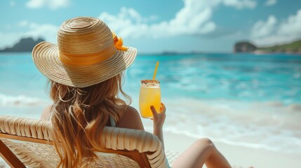 Rear view of a young child girl savoring a drink of juice while unwinding over a lounge chair over the backdrop of a coastlines great time and space, Generative AI.
