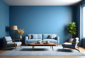 3D rendering of couch or sofa in living room in front of blue wall with copy space and modern or minimalistic interior and white floor
