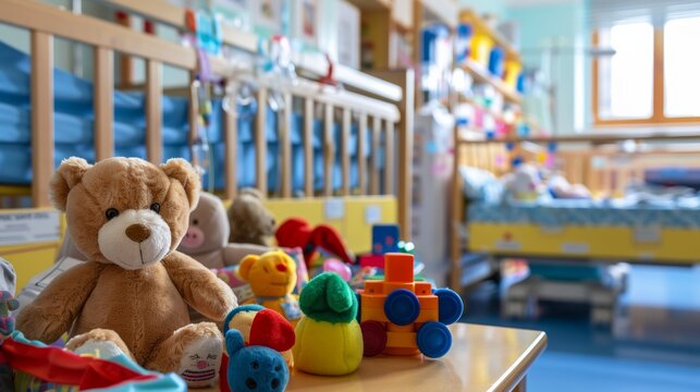 A pediatric ward with colorful accents and child-sized furniture. A collection of stuffed animals and toys rests on a table next to an empty crib.