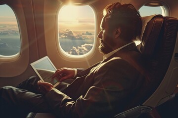 businessman is using tablet and sitting in plane. traveling businessman concept