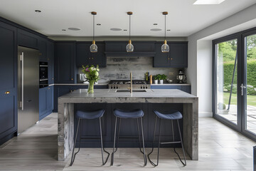 Contemporary modern kitchen interior in navy dark blue colors and concrete elements.