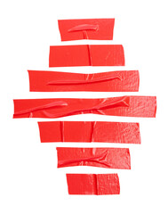 Top view set of  wrinkled red adhesive vinyl tape or cloth tape in stripes shape isolated with...