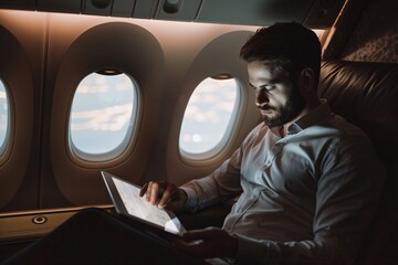 businessman is using tablet and sitting in plane. traveling businessman concept