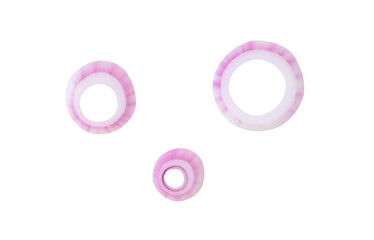 Top view set of red or purple onion slices or onion rings scattered isolated with clipping path in png file format