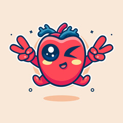 funny human heart organ character mascot with peace sign hand gesture isolated cartoon 