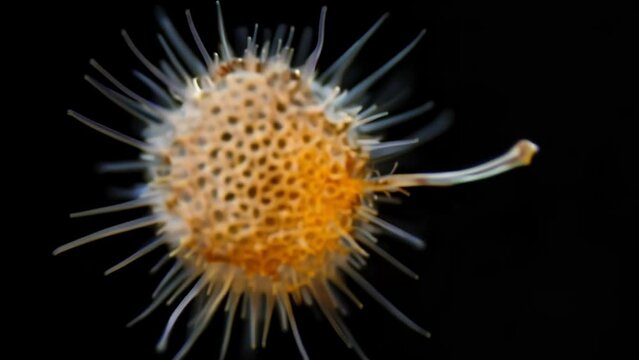 A microscopic look at a single pollen grain surrounded by tiny hairs which aid in its dispersal by wind or insects. . AI generation.