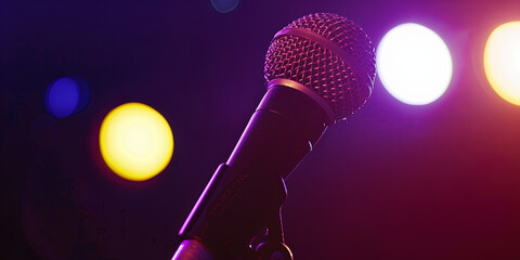 close up of microphone on stand in front of stage lights, generative AI - obrazy, fototapety, plakaty