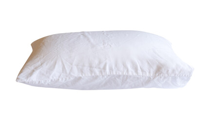 Side view of white pillow with case after guest use in hotel or resort room isolated on white...